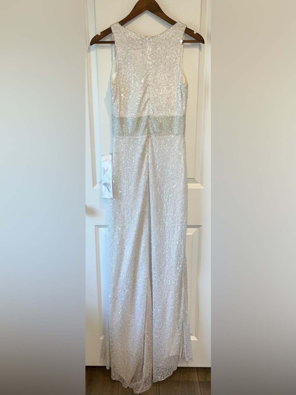 Mac Duggal Sequin Sleeveless V Neck Column White Gown & Beaded Belt Formal - Picture 5 of 10